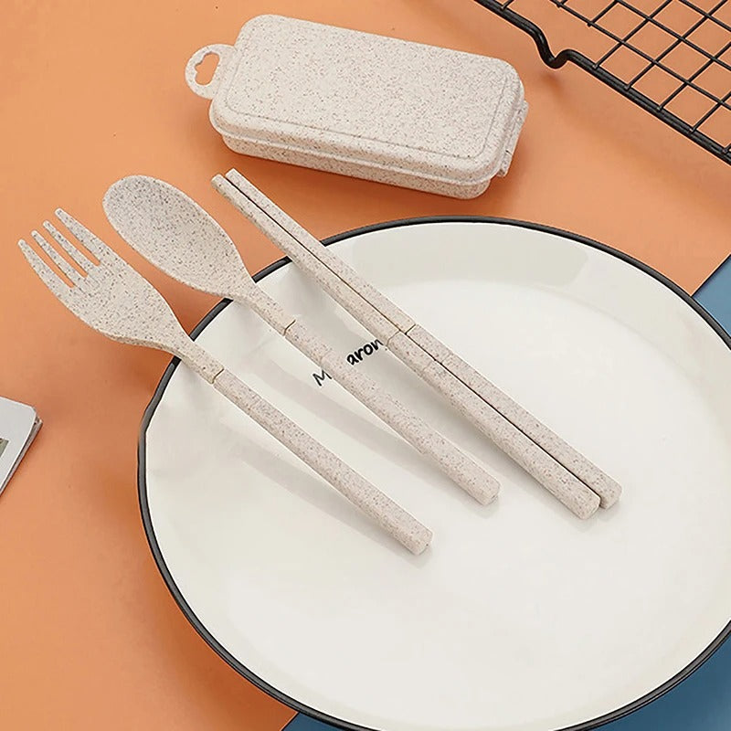 4pcs Portable Wheat Straw Fork Cutlery Set Foldable